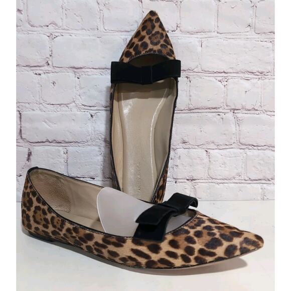 Ann Taylor Flats Women's 8 Leopard Bow Slip-Ons Leather Calf Hair Fur Loafer - Picture 1 of 15